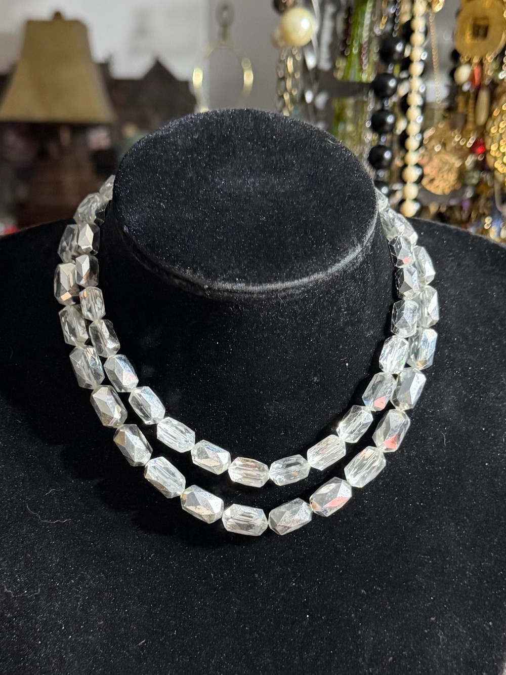 vintage AUSTRIA silver tone double-strand clear faceted crystal choker necklace